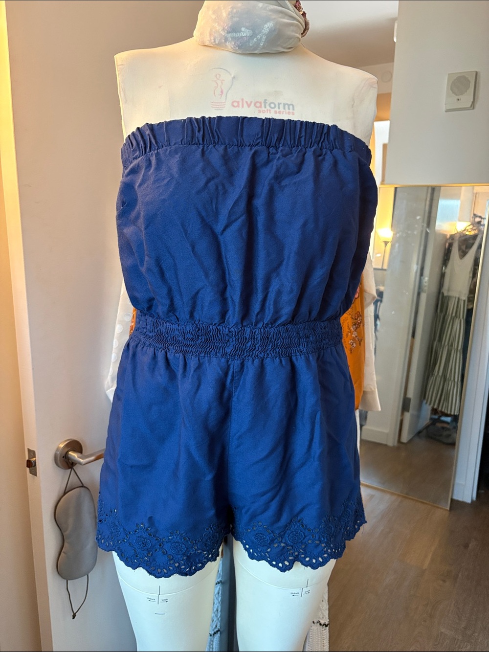 Macy's Royal Blue Strapless Smocked Waist Romper with Lace Trim